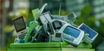 A bunch of electronic items piled in a green recycling container