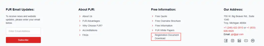 Footer of the PJR website with the Registration Document Download link highlighted