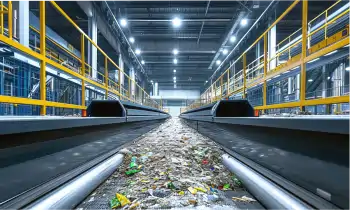 Looking at a conveyor full of recycling materials in a warehouse