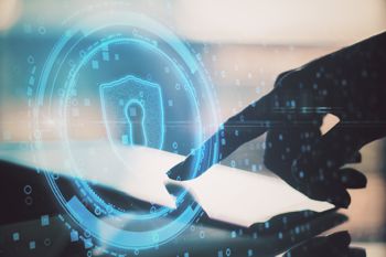 Data security on a tablet with touchscreen technology and a hand with a finger pointing at it Data security on a tablet with touchscreen technology and a hand with a finger pointing at it