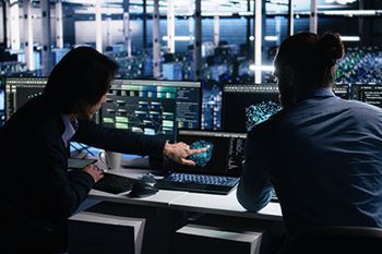Data center system administrators use PCs to monitor a network using artificial intelligence to oversee servers